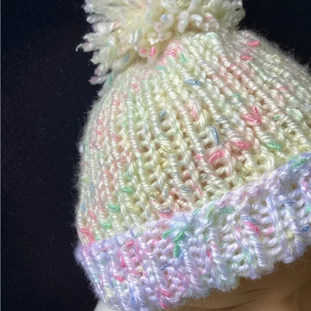 Baby Beanie Hat Hand Crafted Yellow White PomPom Knit